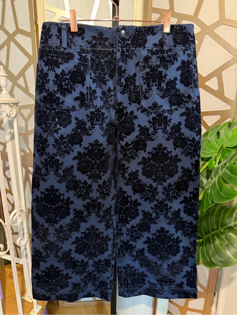 Anthropologie Maeve The Colette Blue Velvet Flocked Crop Pants Size 32
